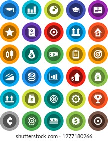 White Solid Icon Set- graduate hat vector, clipboard, award cup, certificate, graph, pie, japanese candle, money bag, dollar growth, target, medal, cent sign, stairways run, top, favorites, coin