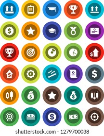 White Solid Icon Set- graduate hat vector, clipboard, award cup, certificate, pie graph, japanese candle, money bag, dollar growth, medal, sign, target, stairways run, top, favorites, coin, cash