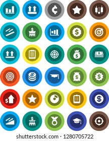 White Solid Icon Set- graduate hat vector, clipboard, graph, pie, japanese candle, money bag, dollar growth, bank building, target, medal, cent sign, stairways run, top, favorites, coin, cash