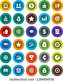 White Solid Icon Set- graduate hat vector, clipboard, award cup, certificate, graph, pie, japanese candle, money bag, dollar growth, bank building, target, medal, cent sign, stairways run, top, coin