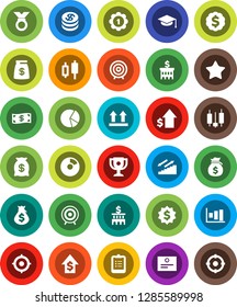 White Solid Icon Set- graduate hat vector, clipboard, award cup, certificate, graph, pie, japanese candle, money bag, dollar growth, bank building, target, medal, stairways run, top sign, favorites