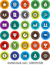 White Solid Icon Set- graduate hat vector, clipboard, award cup, certificate, graph, pie, japanese candle, money bag, dollar growth, bank building, target, medal, cent sign, stairways run, top, coin