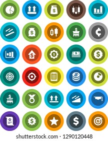 White Solid Icon Set- graduate hat vector, clipboard, certificate, graph, pie, japanese candle, dollar growth, bank building, target, medal, cent sign, stairways run, top, favorites, coin, cash