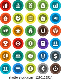 White Solid Icon Set- graduate hat vector, clipboard, award cup, certificate, graph, pie, japanese candle, money bag, dollar growth, bank building, target, medal, cent sign, top, favorites, coin