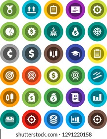 White Solid Icon Set- graduate hat vector, clipboard, certificate, graph, pie, japanese candle, money bag, bank building, target, dollar medal, cent sign, stairways run, top, coin, cash