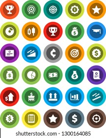 White Solid Icon Set- graduate hat vector, clipboard, award cup, certificate, graph, pie, japanese candle, money bag, dollar growth, bank building, medal, cent sign, target, stairways run, top, cash