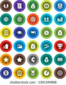 White Solid Icon Set- graduate hat vector, clipboard, award cup, certificate, graph, pie, japanese candle, money bag, dollar growth, target, medal, cent sign, stairways run, top, favorites, coin
