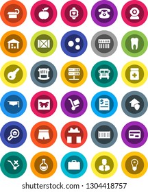 White Solid Icon Set- graduate hat vector, case, school bus, manager, annual report, diet, shorts, heart monitor, sea container, wood box, no trolley, warehouse, classic phone, flask, pills bottle