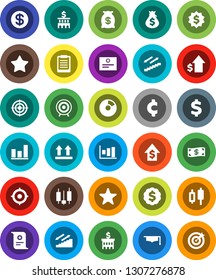 White Solid Icon Set- graduate hat vector, clipboard, certificate, graph, pie, japanese candle, money bag, dollar growth, bank building, target, medal, cent sign, stairways run, top, favorites, coin