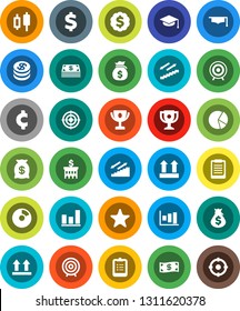 White Solid Icon Set- graduate hat vector, clipboard, award cup, graph, pie, japanese candle, money bag, bank building, target, dollar medal, cent sign, stairways run, top, favorites, coin, cash