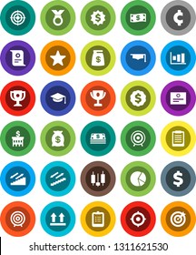 White Solid Icon Set- graduate hat vector, clipboard, award cup, certificate, graph, pie, japanese candle, bank building, target, dollar medal, cent sign, stairways run, top, favorites, cash