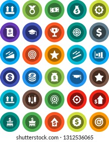 White Solid Icon Set- graduate hat vector, award cup, certificate, graph, japanese candle, money bag, dollar growth, bank building, target, medal, sign, stairways run, top, favorites, coin, cash