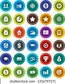 White Solid Icon Set- graduate hat vector, clipboard, award cup, certificate, graph, pie, japanese candle, money bag, dollar growth, target, medal, sign, stairways run, top, favorites, coin, cash