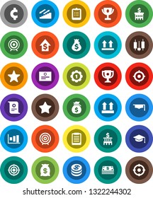 White Solid Icon Set- graduate hat vector, clipboard, award cup, certificate, graph, japanese candle, money bag, dollar growth, bank building, target, cent sign, medal, stairways run, top, favorites