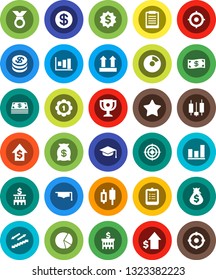 White Solid Icon Set- graduate hat vector, clipboard, award cup, graph, pie, japanese candle, money bag, dollar growth, bank building, target, medal, stairways run, top sign, favorites, coin, cash
