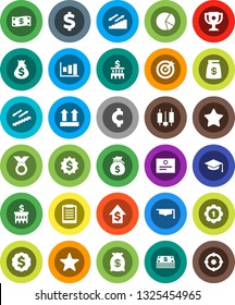 White Solid Icon Set- graduate hat vector, clipboard, award cup, certificate, graph, pie, japanese candle, money bag, dollar growth, bank building, medal, cent sign, stairways run, top, favorites