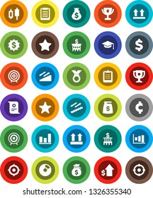 White Solid Icon Set- graduate hat vector, clipboard, award cup, certificate, graph, pie, japanese candle, money bag, dollar growth, bank building, target, medal, cent sign, stairways run, top