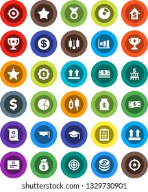 White Solid Icon Set- graduate hat vector, clipboard, award cup, certificate, graph, pie, japanese candle, money bag, dollar growth, bank building, target, sign, medal, top, favorites, coin, cash