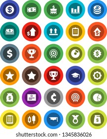 White Solid Icon Set- graduate hat vector, clipboard, award cup, certificate, graph, pie, japanese candle, dollar growth, bank building, target, medal, cent sign, top, favorites, coin, cash