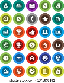 White Solid Icon Set- graduate hat vector, clipboard, award cup, certificate, graph, pie, japanese candle, money bag, dollar growth, target, medal, cent sign, stairways run, top, favorites, coin