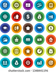 White Solid Icon Set- graduate hat vector, clipboard, certificate, graph, pie, japanese candle, money bag, dollar growth, bank building, target, medal, sign, stairways run, top, favorites, coin