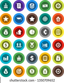 White Solid Icon Set- graduate hat vector, clipboard, certificate, graph, pie, money bag, dollar growth, bank building, target, medal, cent sign, top, favorites, coin, cash