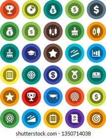 White Solid Icon Set- graduate hat vector, clipboard, award cup, certificate, graph, pie, japanese candle, money bag, bank building, target, dollar medal, sign, stairways run, favorites, coin, cash