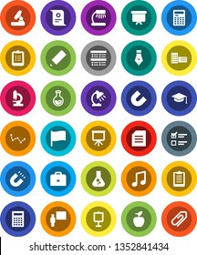 White Solid Icon Set- graduate hat vector, pen, pencil, school building, blackboard, case, apple fruit, microscope, table lamp, calculator, clipboard, certificate, magnet, presentation, music, flag