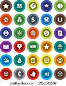 White Solid Icon Set- graduate hat vector, clipboard, award cup, certificate, graph, pie, japanese candle, money bag, dollar growth, target, medal, cent sign, stairways run, favorites, coin, cash