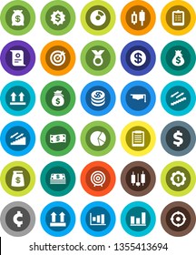 White Solid Icon Set- graduate hat vector, clipboard, certificate, graph, pie, japanese candle, money bag, target, dollar medal, cent sign, stairways run, top, coin, cash