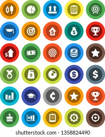 White Solid Icon Set- graduate hat vector, clipboard, award cup, graph, pie, japanese candle, money bag, dollar growth, bank building, target, cent sign, medal, top, favorites, coin, cash