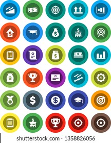 White Solid Icon Set- graduate hat vector, clipboard, award cup, certificate, graph, money bag, dollar growth, bank building, target, sign, medal, stairways run, top, coin, cash