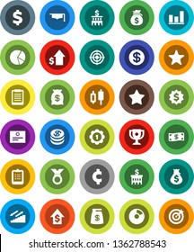 White Solid Icon Set- graduate hat vector, clipboard, award cup, certificate, graph, pie, japanese candle, money bag, dollar growth, bank building, medal, cent sign, target, stairways run, favorites