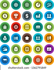 White Solid Icon Set- graduate hat vector, clipboard, award cup, certificate, graph, pie, japanese candle, money bag, bank building, target, dollar medal, sign, stairways run, top, favorites, cash