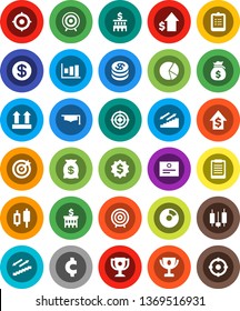 White Solid Icon Set- graduate hat vector, clipboard, award cup, certificate, graph, pie, japanese candle, money bag, dollar growth, bank building, target, medal, cent sign, stairways run, top, coin