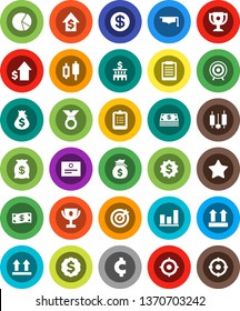 White Solid Icon Set- graduate hat vector, clipboard, award cup, certificate, graph, pie, japanese candle, money bag, dollar growth, bank building, target, medal, cent sign, top, favorites, coin