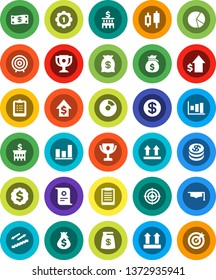 White Solid Icon Set- graduate hat vector, clipboard, award cup, certificate, graph, pie, japanese candle, money bag, dollar growth, bank building, target, medal, stairways run, top sign, coin, cash