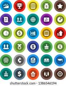 White Solid Icon Set- graduate hat vector, clipboard, award cup, certificate, graph, pie, japanese candle, dollar growth, bank building, medal, cent sign, target, stairways run, top, favorites, coin