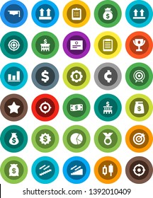 White Solid Icon Set- graduate hat vector, clipboard, award cup, certificate, graph, pie, japanese candle, money bag, bank building, target, dollar medal, cent sign, stairways run, top, favorites