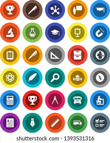 White Solid Icon Set- graduate hat vector, pen, school building, blackboard, corner ruler, drawing compass, student, atom, microscope, calculator, clipboard, award cup, magnet, bus, presentation