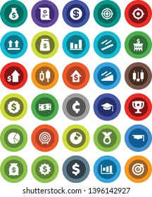 White Solid Icon Set- graduate hat vector, award cup, certificate, graph, pie, japanese candle, money bag, dollar growth, bank building, target, medal, cent sign, stairways run, top, coin, cash