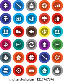 White Solid Icon Set- graph vector, crisis, percent growth, dollar, target, route, signpost, top sign, package, sorting, arrow, refresh, cloud upload, low price signboard, 24 hour