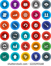 White Solid Icon Set- graph vector, crisis, percent growth, dollar, target, arrow down, up, route, signpost, top sign, package, sorting, cloud exchange, refresh, redo, undo, upload, 24 hour