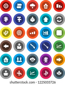 White Solid Icon Set- graph vector, crisis, percent growth, dollar, target, arrow up, route, signpost, top sign, package, sorting, backward button, cloud exchange, refresh, upload