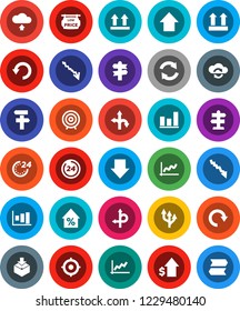 White Solid Icon Set- graph vector, crisis, percent growth, dollar, target, arrow down, up, route, signpost, top sign, package, cloud exchange, refresh, redo, undo, upload, low price signboard