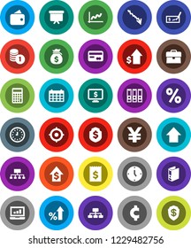 White Solid Icon Set- graph vector, laptop, crisis, percent growth, money bag, case, dollar, coin stack, check, calculator, receipt, clock, target, binder, arrow up, presentation board, shield, cent