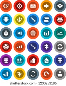 White Solid Icon Set- graph vector, crisis, percent growth, dollar, target, arrow down, signpost, top sign, package, sorting, cloud exchange, refresh, redo, route, low price signboard, 24 hour