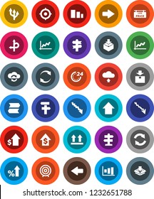 White Solid Icon Set- graph vector, crisis, percent growth, dollar, target, arrow up, route, signpost, top sign, package, sorting, cloud exchange, refresh, upload, low price signboard, 24 hour