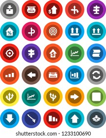White Solid Icon Set- graph vector, crisis, percent growth, dollar, target, arrow down, up, route, signpost, top sign, package, sorting, backward button, refresh, low price signboard
