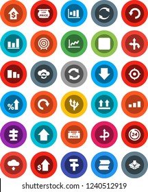 White Solid Icon Set- graph vector, percent growth, dollar, target, arrow down, up, route, signpost, top sign, sorting, backward button, cloud exchange, refresh, redo, undo, upload, 24 hour, package
